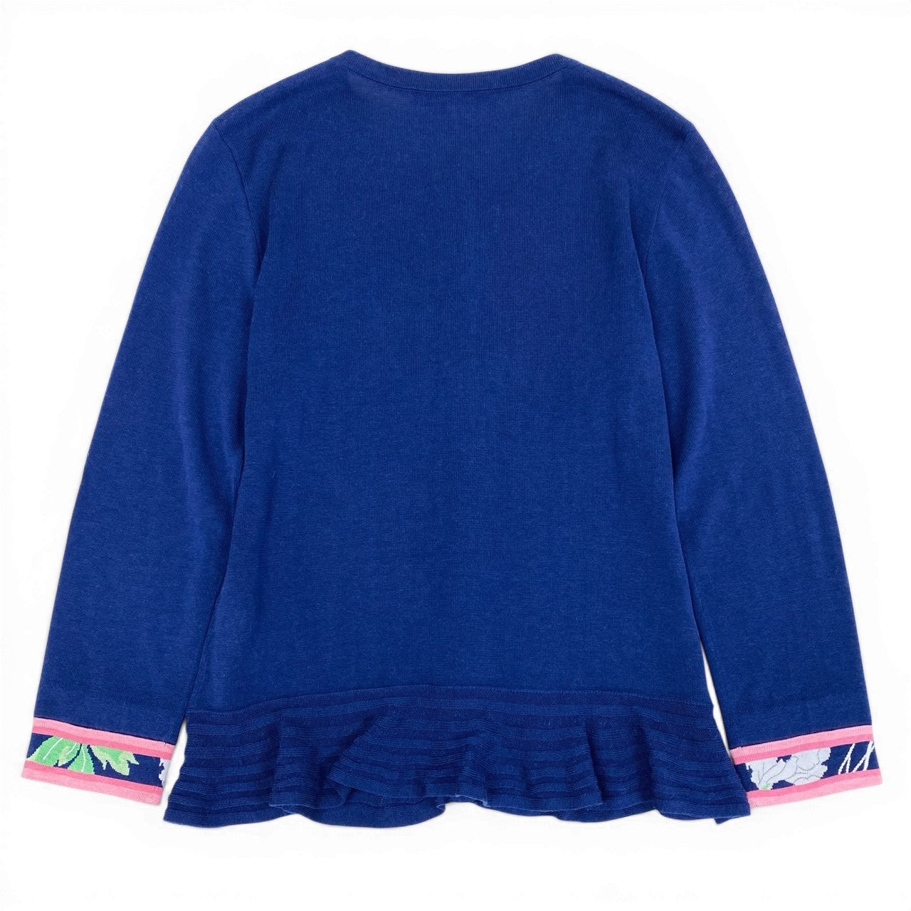 60d13 《美品》 LEONARD FASHION レオナール ロングスリーブ ニットカーディガン 花柄刺繍 ラインストーン装飾 裾フリル サイズ40 ブルー レディース 女性用u02t