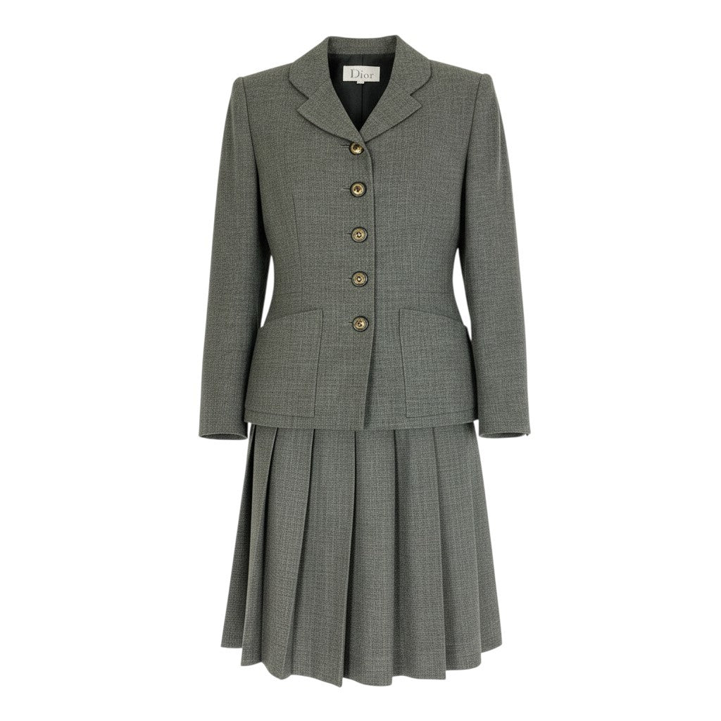 31b12 Mademoiselle Dior マドモアゼルディオール スカートセットアップ テーラードジャケット プリーツスカート Mサイズ グレー レディース 女性用u02t