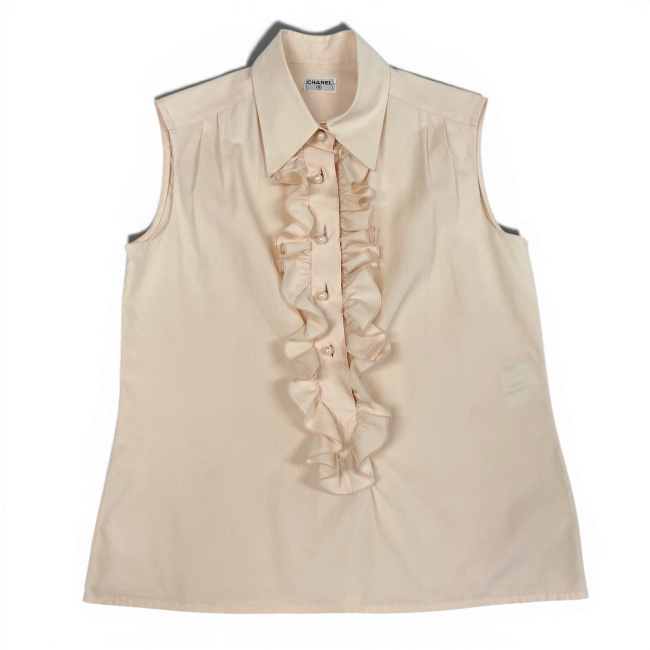 Cb9 CHANEL シャネル パールボタン フリルブラウス ノースリブ トップス ベージュ系 シルクコットン レディースta1