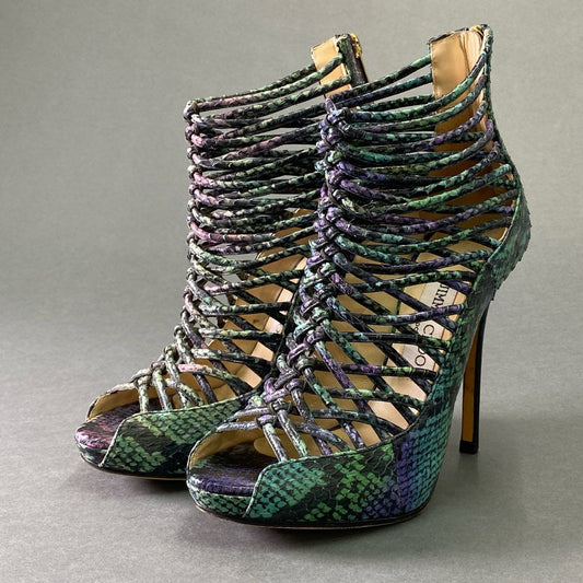 1e2 JIMMY CHOO ジミーチュウ グラディエーター パイソン ヒールサンダル 36 1/2 グリーン パープル レザー シューズ パンプス イタリア製