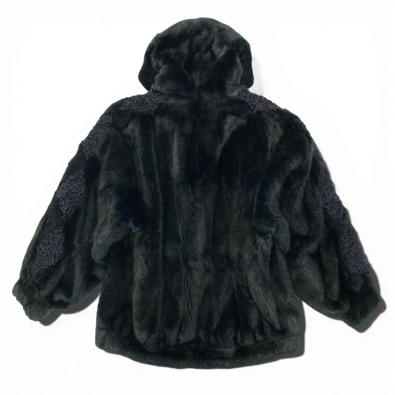 7a27 フード付き 染めミンク ファーコート サイズF ブラック ネイビー 本毛皮 Mink Fur Coat 希少デザインt18r
