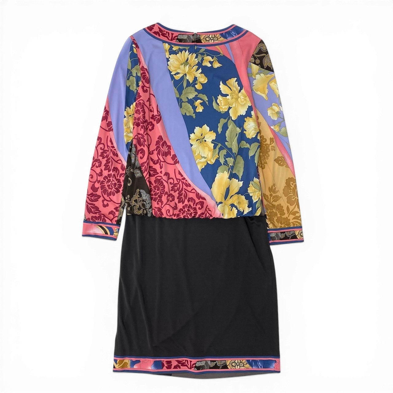 22d12 【美品】 LEONARD FASHION レオナール ロングスリーブワンピース ロングワンピース 美しい花柄プリント カンカン素材 サイズ38 マルチカラー レディース 女性用u02t