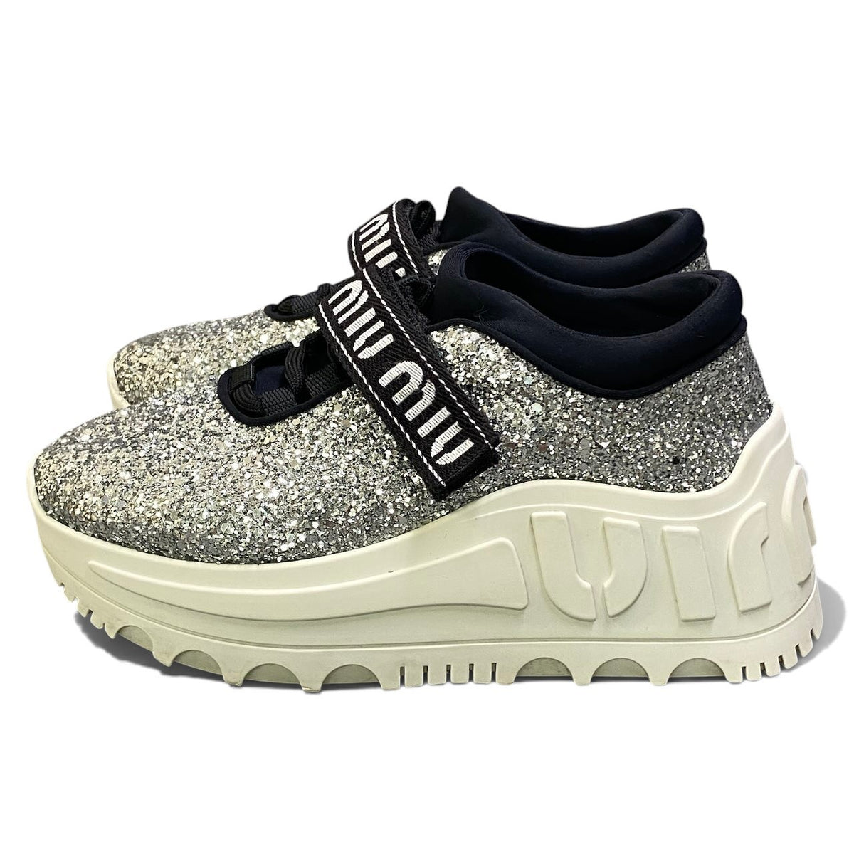 1i13 miu miu ミュウミュウ ロゴテープ グリッター スニーカー size 35 シルバー 厚底 シューズt18r