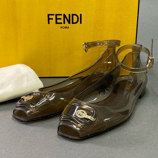 8e26 FENDI フェンディ アンクルストラップ クリアフラットシューズ 38 クリアグレー ラバー パンプス サンダル 箱 保存袋付き