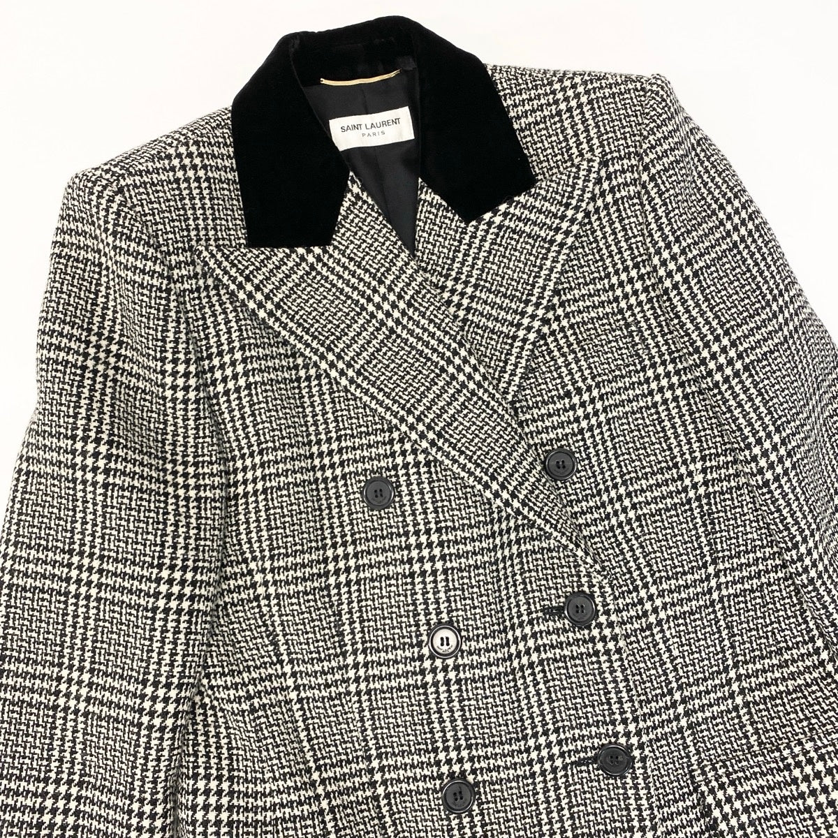 51e19 SAINT LAURENT PARIS サンローラン ツイードジャケット ロングジャケット ダブルブレスト グレンチェック サイズF38 ブラック ホワイト レディース 女性服u02t