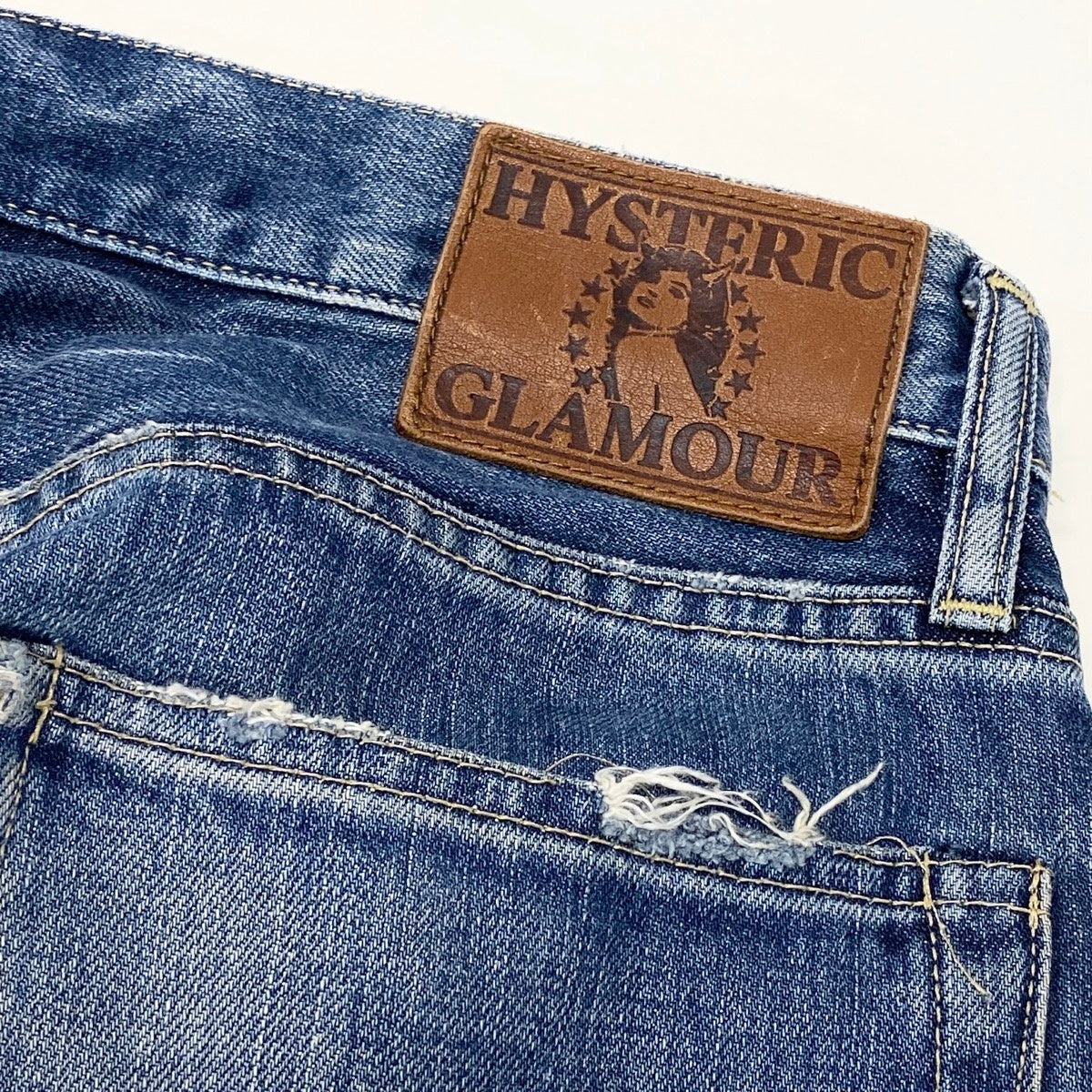 4g1 HYSTERIC GLAMOUR ヒステリックグラマー ダメージデニムパンツ パッチワーク スタッズ クラッシュ加工 30インチ インディゴブルー メンズu02t