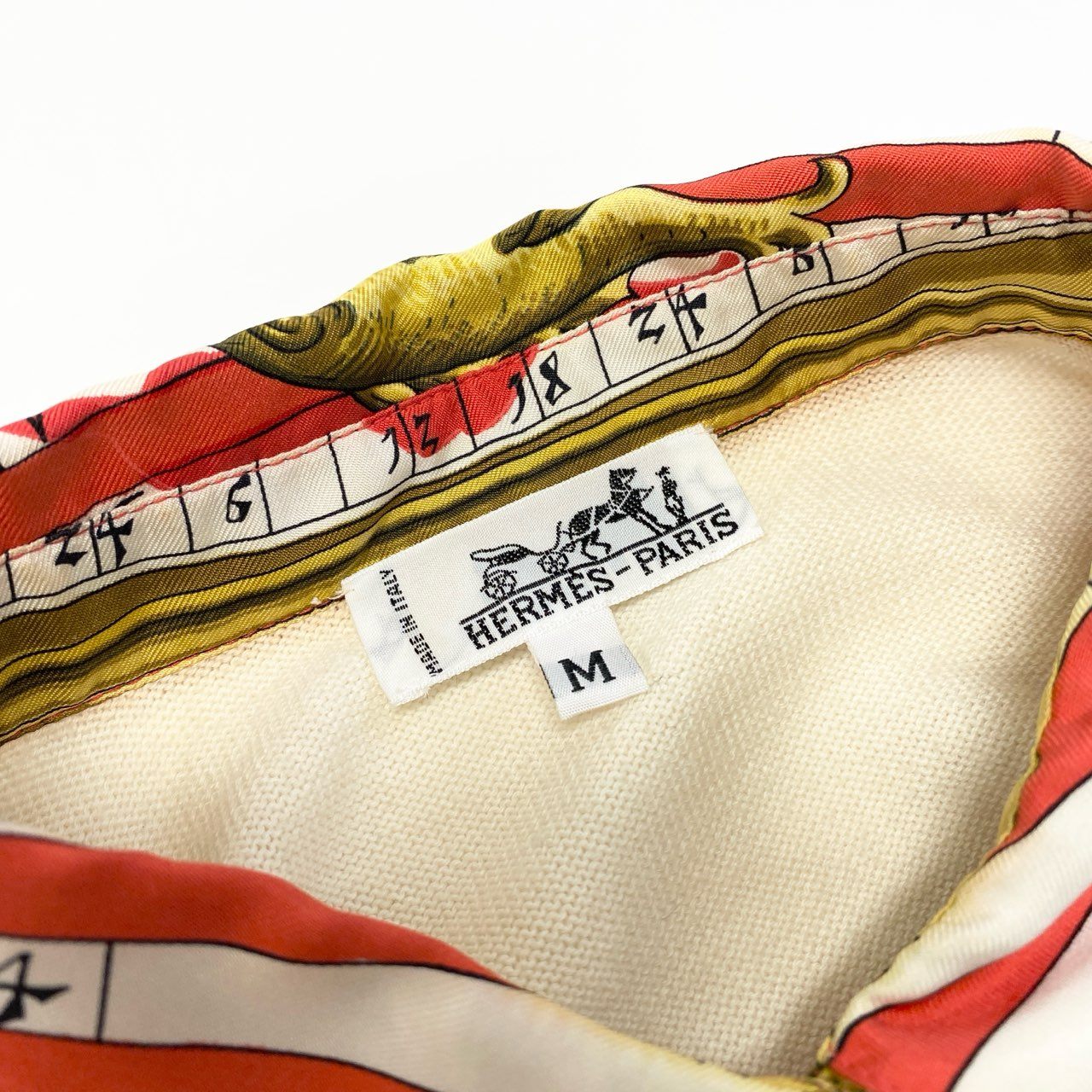 Ia16 HERMES エルメス DIES ET HORE ニット切替 ロングスリーブ ポロシャツ シルク100％ メンズ 紳士服 M オフホワイトo07t