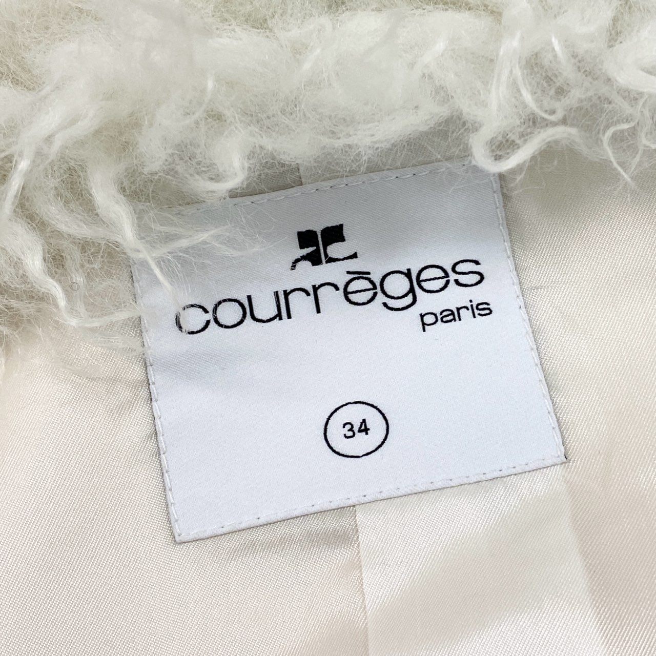 44a15 【未使用品】courreges クレージュ カラクルラムファー ショートレザージャケット 短丈レザージャケット ロゴワッペン付き サイズ34 オフホワイト レディース 薄手アウターk02i