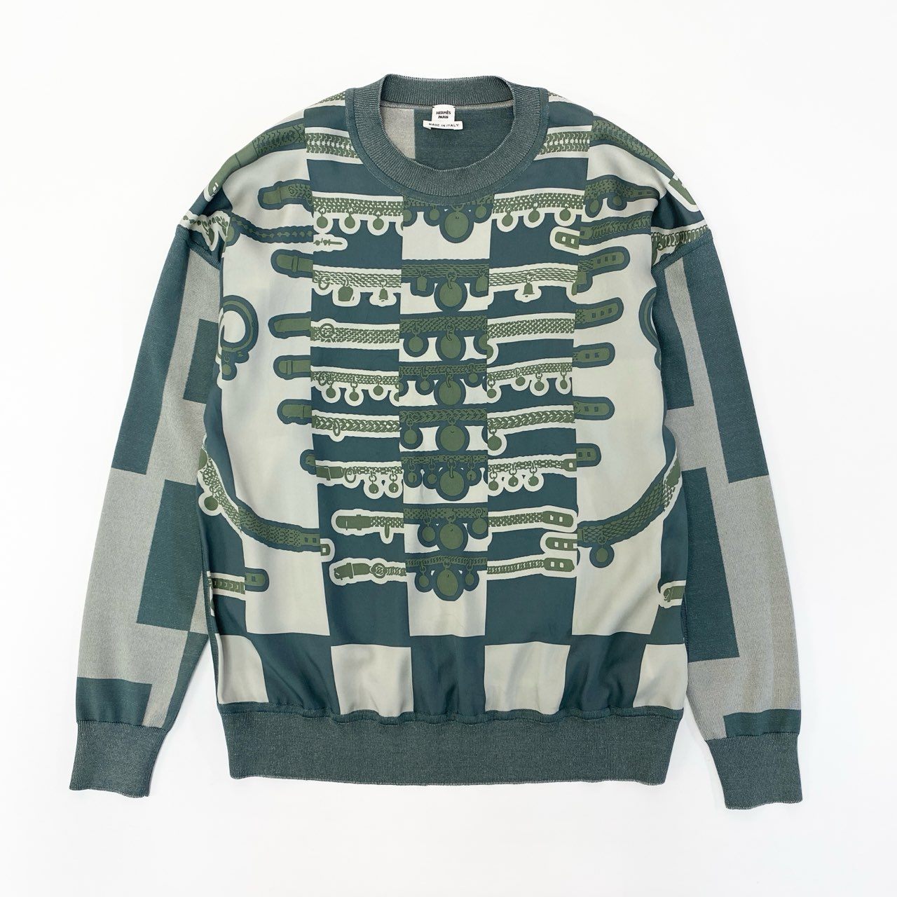 86a16 HERMES エルメス LE TRESOR DE MEDOR RAYURE ツイルレーヌ 長袖カットソー ニット切替 総柄 シルク100％ メンズ 紳士服 2H2835D5 34 グリーン系 グレーo07t