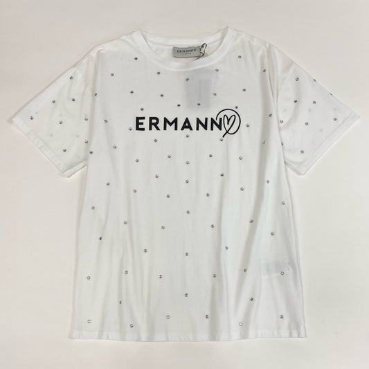 2j27《極美品》ERMANNO FIRENZE エルマンノ フィレンツェ 半袖Tシャツ ラインストーン ブランドロゴ 44サイズ ホワイト レディースu02t