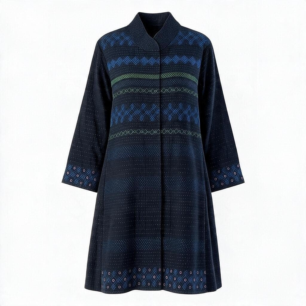 j16 ISSEY MIYAKE HaaT 刺繍コート 刺し子 ロングコート  HA04FA651 2サイズ ネイビー コットン100％ レディース 女性用u02t