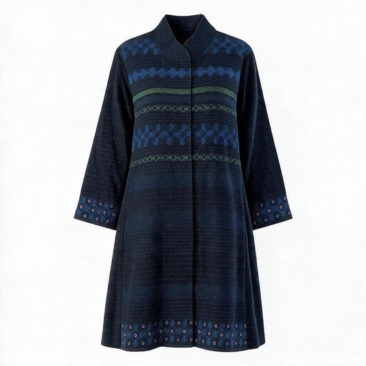 j16 ISSEY MIYAKE HaaT 刺繍コート 刺し子 ロングコート  HA04FA651 2サイズ ネイビー コットン100％ レディース 女性用u02t