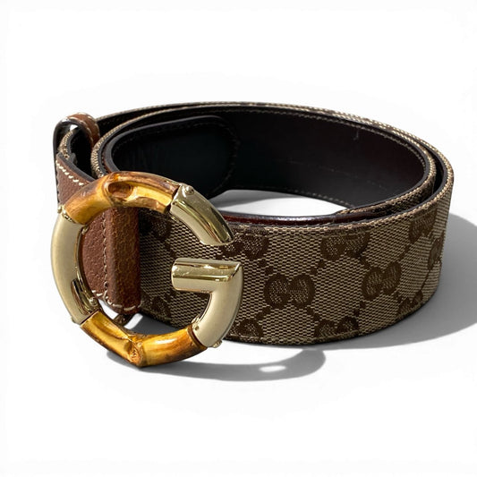 d9 GUCCI グッチ GGキャンバス バンブーバックル ベルト ベージュ系 レザー キャンバス レディースu02t