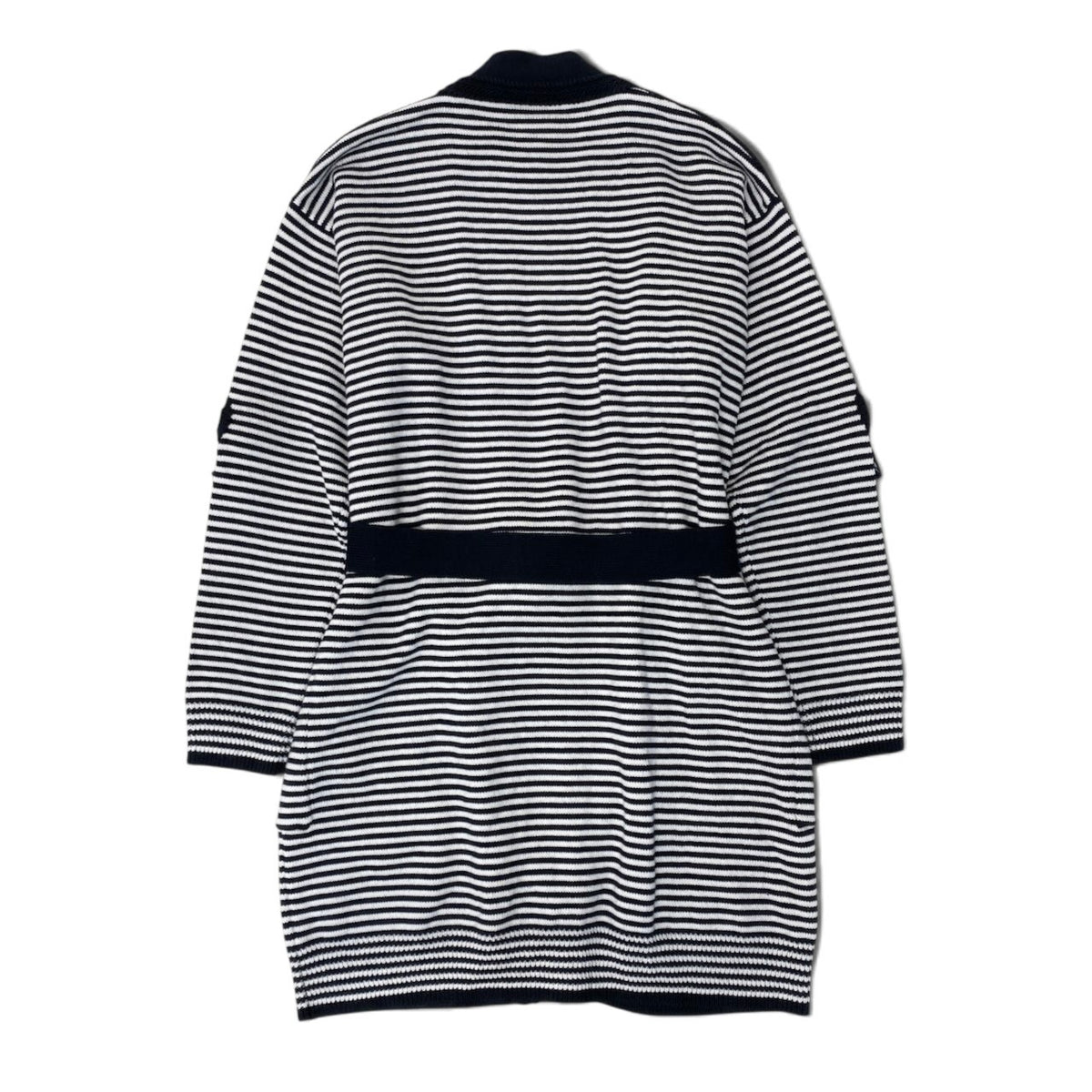88i15 【未使用タグ付】 Max Mara マックスマーラ ロングニットカーディガン ボーダー柄 ウエストリボン M ネイビー ホワイト ウール100％ レディースu02t