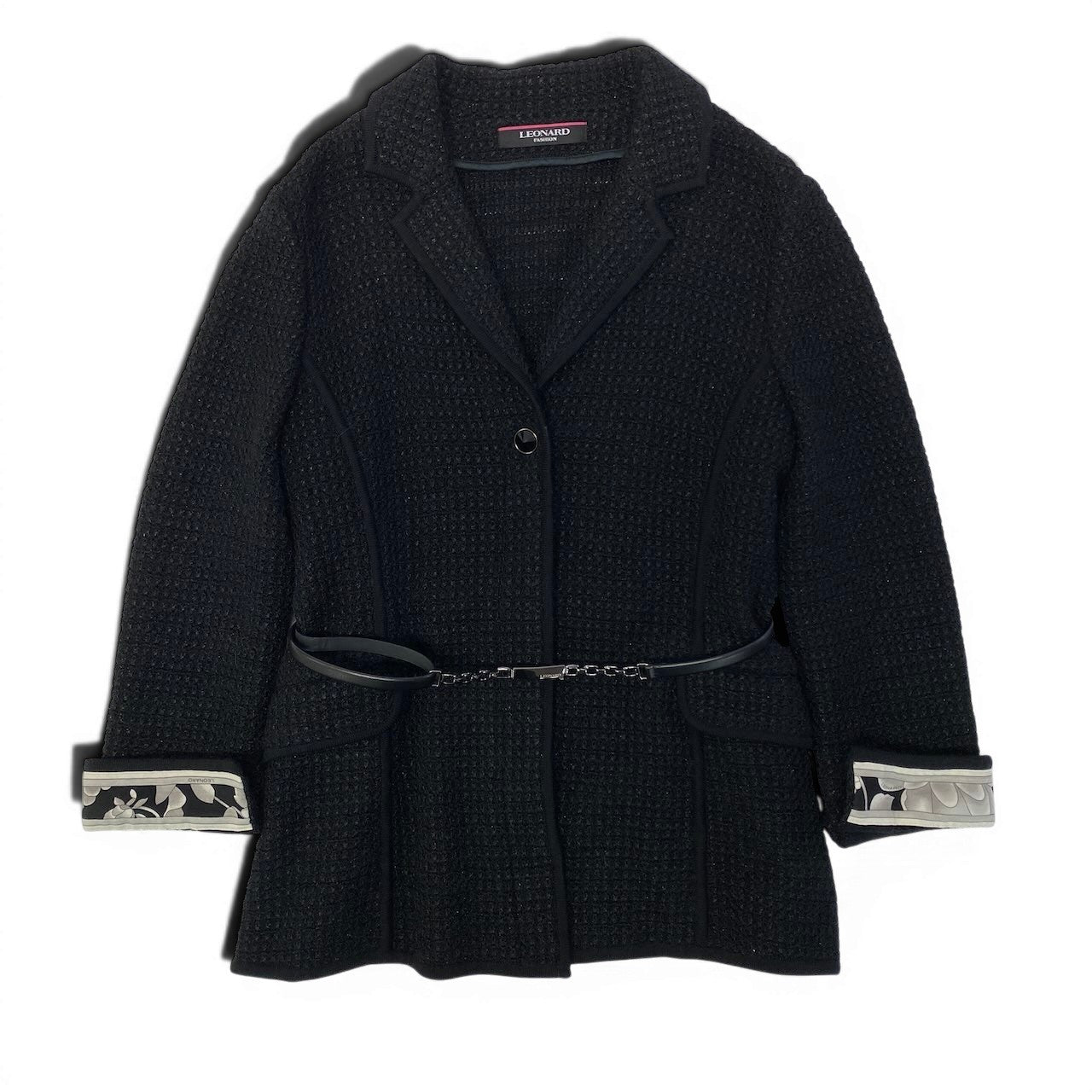 9e11 《美品》 LEONARD レオナール ラメツイードジャケット 0387737 サイズ42 ブラック 美しい花柄プリント 女性服t18r