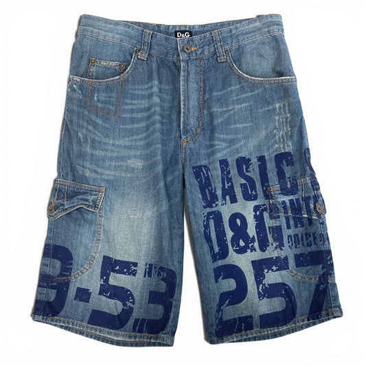 AL22 DOLCE&GABBANA ドルチェアンドガッパーナ 00`s vintage Y2K デニムカーゴパンツ ハーフパンツ ショート ダメージ ペイント加工 メンズ 紳士服 29 / 43 ブルーk02i