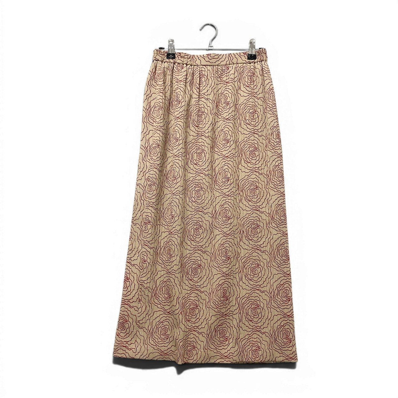 32e16【新品保管品】詩仙堂 シセンドウ ロングスカート ちりめん素材 総柄 日本製 ベージュ レッド ポリエステル100％ レディース 女性用u02t
