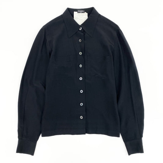 13f7 CHANEL シャネル 総シルク シェルボタン 長袖ブラウス シャツ ロングスリーブ 紙タグ VINTAGE 42 ブラック シルク100％