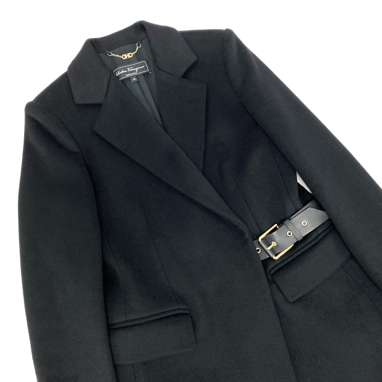 24k28《美品》 Salvatore Ferragamo サルヴァトーレフェラガモ チェスターコート ロングコート レザーベルト 38 ブラック カシミヤ100 レディース イタリア製u02t