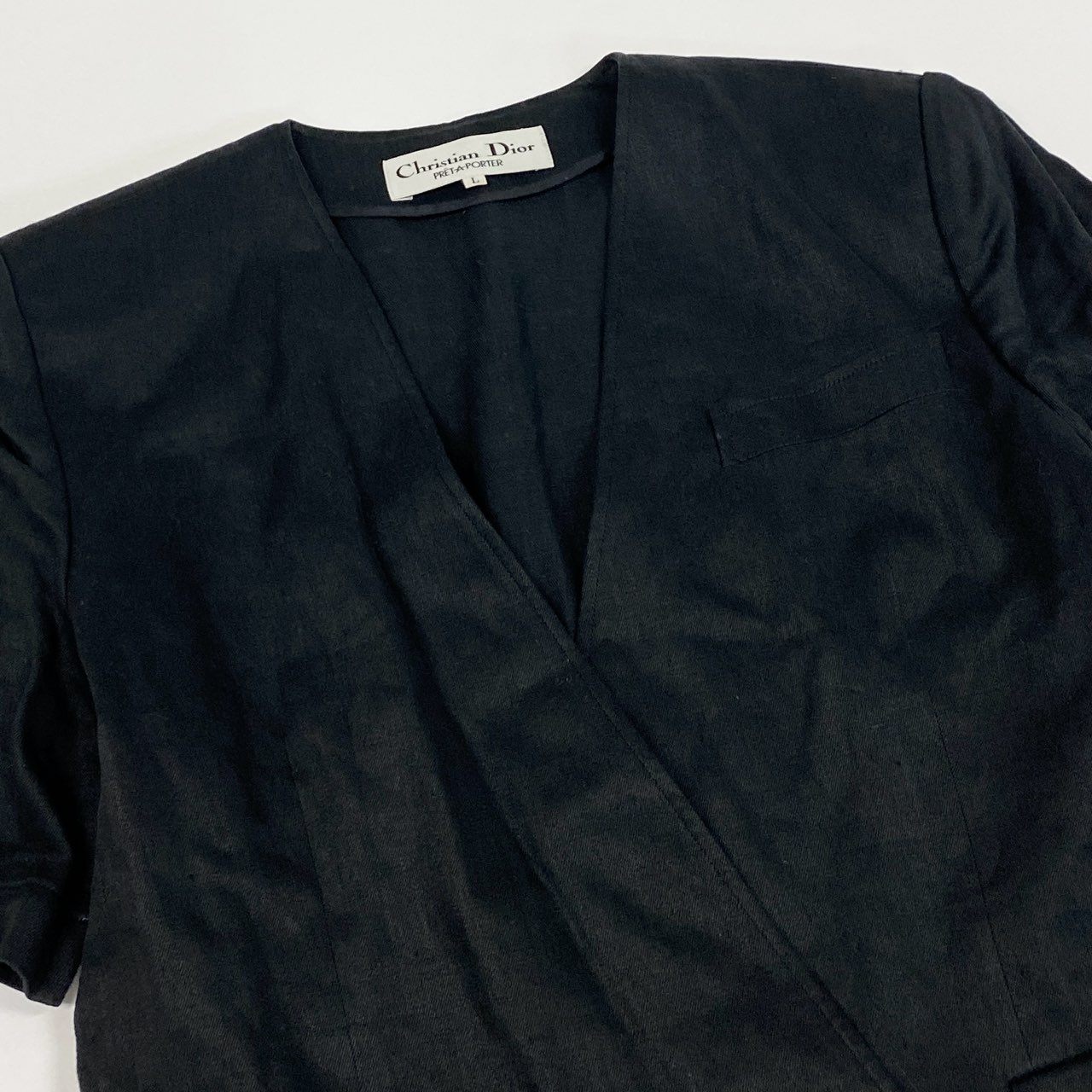 36a30 Vintage Christian Dior ヴィンテージ クリスチャンディオール ノーカラー 半袖ジャケット Collarless Short Sleeve Jacket Lサイズ ブラック リネン linen レディースo07t