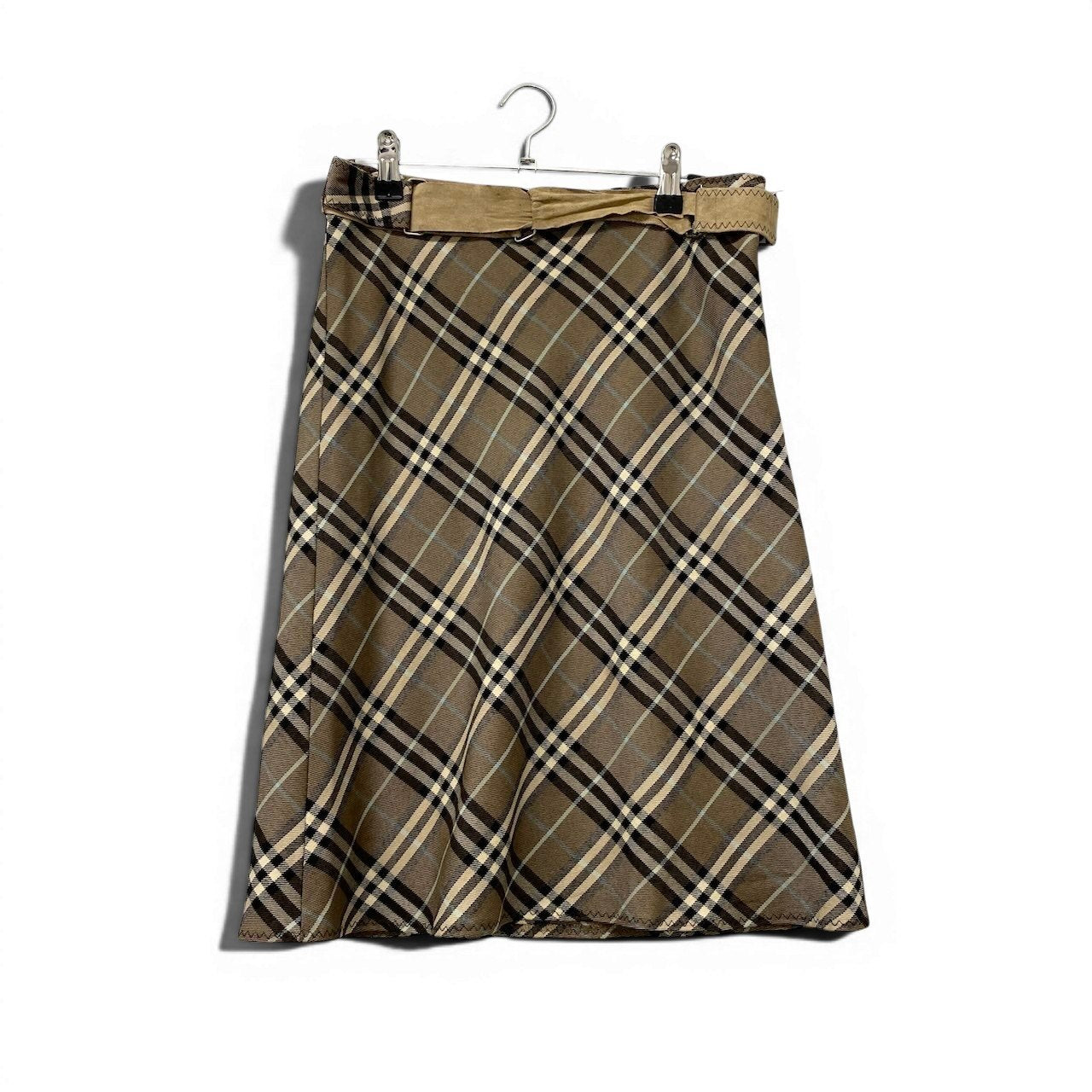 40e18 BURBERRY LONDON BLUE LABEL バーバリーロンドン ブルーレーベル ベルト付 膝丈スカート ノバチェック ウールスカート サイズ38 ブラウン系 レディース 女性用u02t
