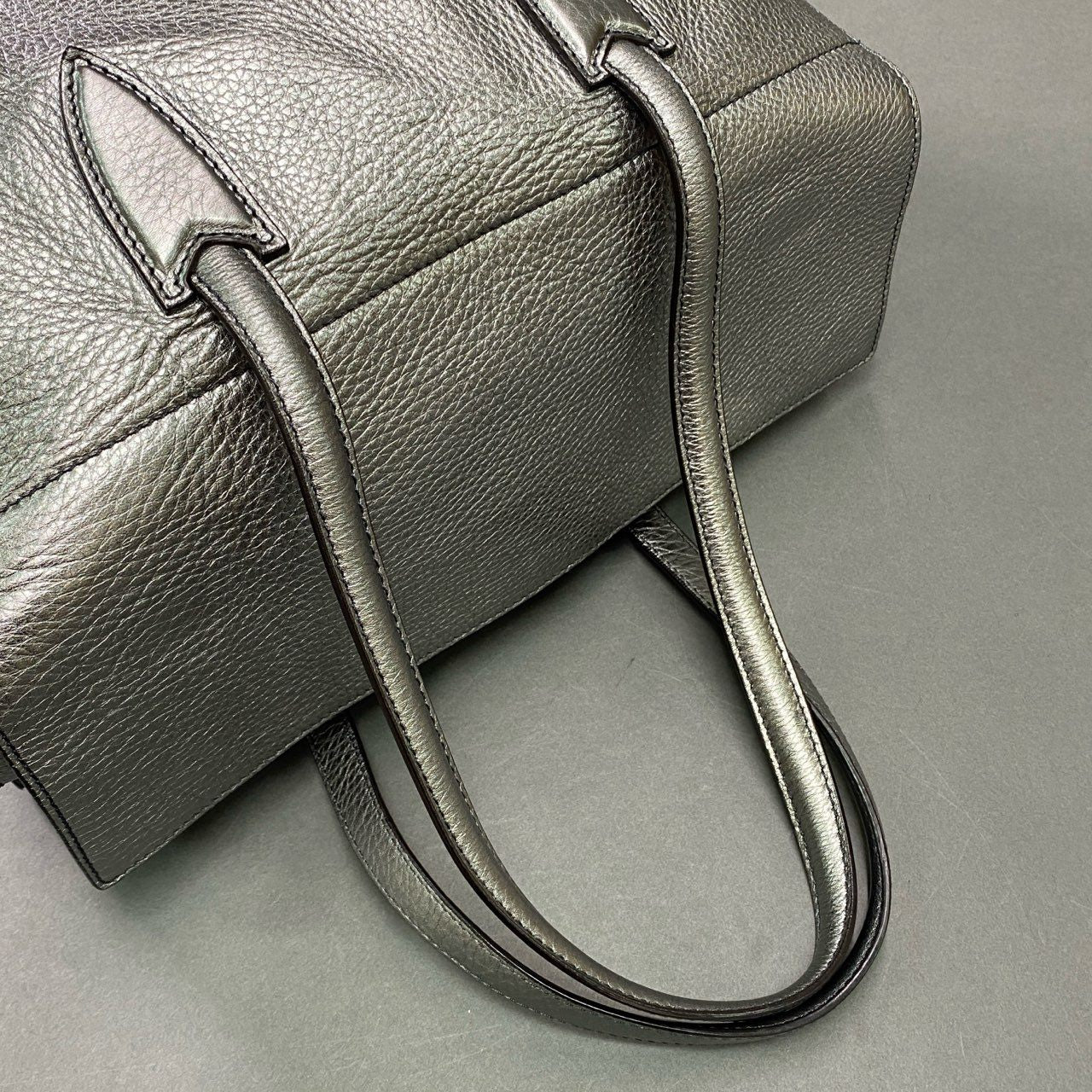 Gb12 Max Mara マックスマーラ ポーチ付き メタリック レザートートバッグ シルバー Leather ハンドバッグ 鞄 イタリア製