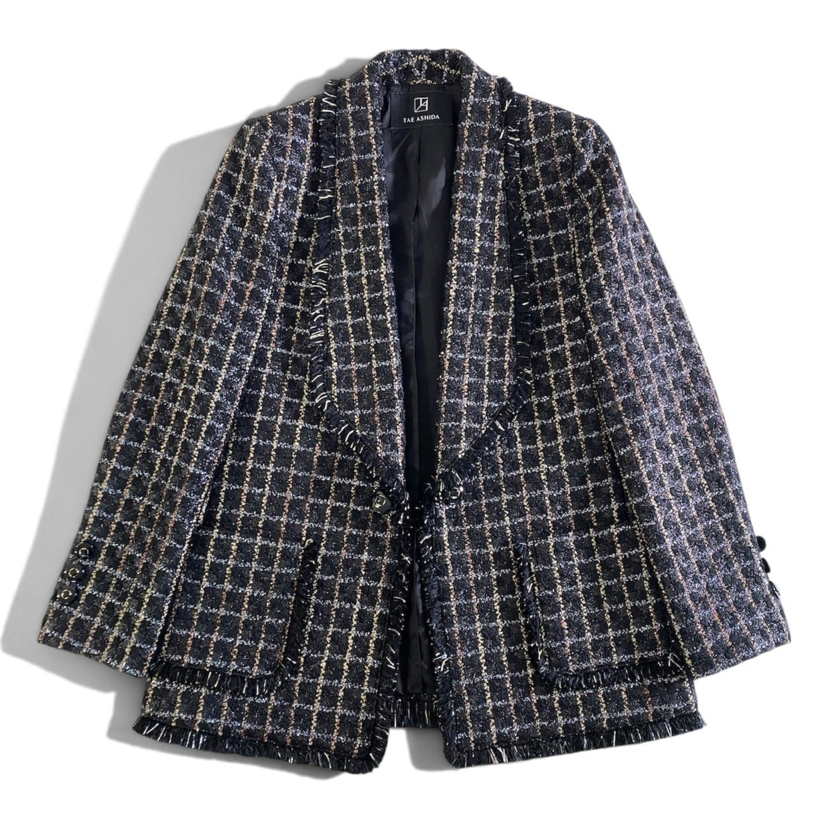 14j23 【極美品】TAE ASHIDA タエアシダ ツイードジャケット チェック柄 ラメ フリンジ アウター 5サイズ ブラック系 レディース 女性用u02t