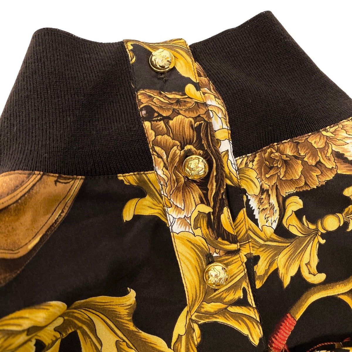 68h18 Sarvatore Ferragamo サルヴァトーレフェラガモ イタリア製 ニット切替 長袖ブラウス 総柄プリント 金ボタン M ブラウン系 シルク100％ レディースo07t
