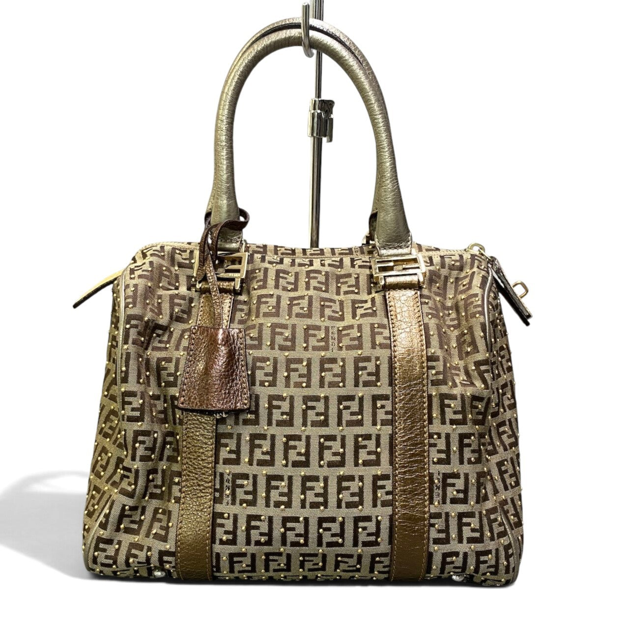 h29 FENDI ズッキーノ スタッズ ボストンバッグ ブラウン ベージュ レディース 女性用ta1