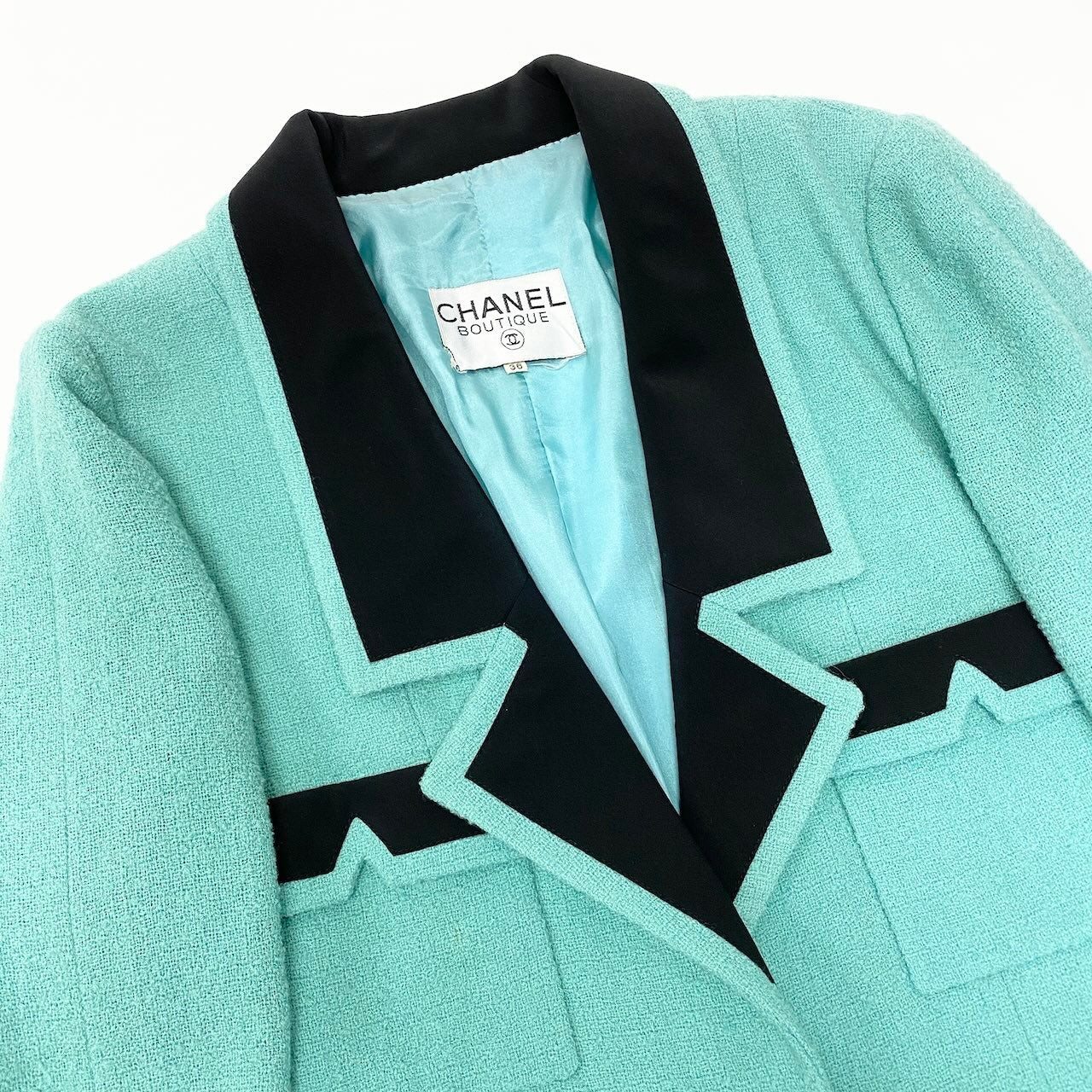 C CHANEL シャネル ヴィンテージ 1989 89P ツイードスカートセットアップ ジャケット スカート 金ボタン ココマーク 36サイズ ライトグリーン ブラック レディース 女性用nu1