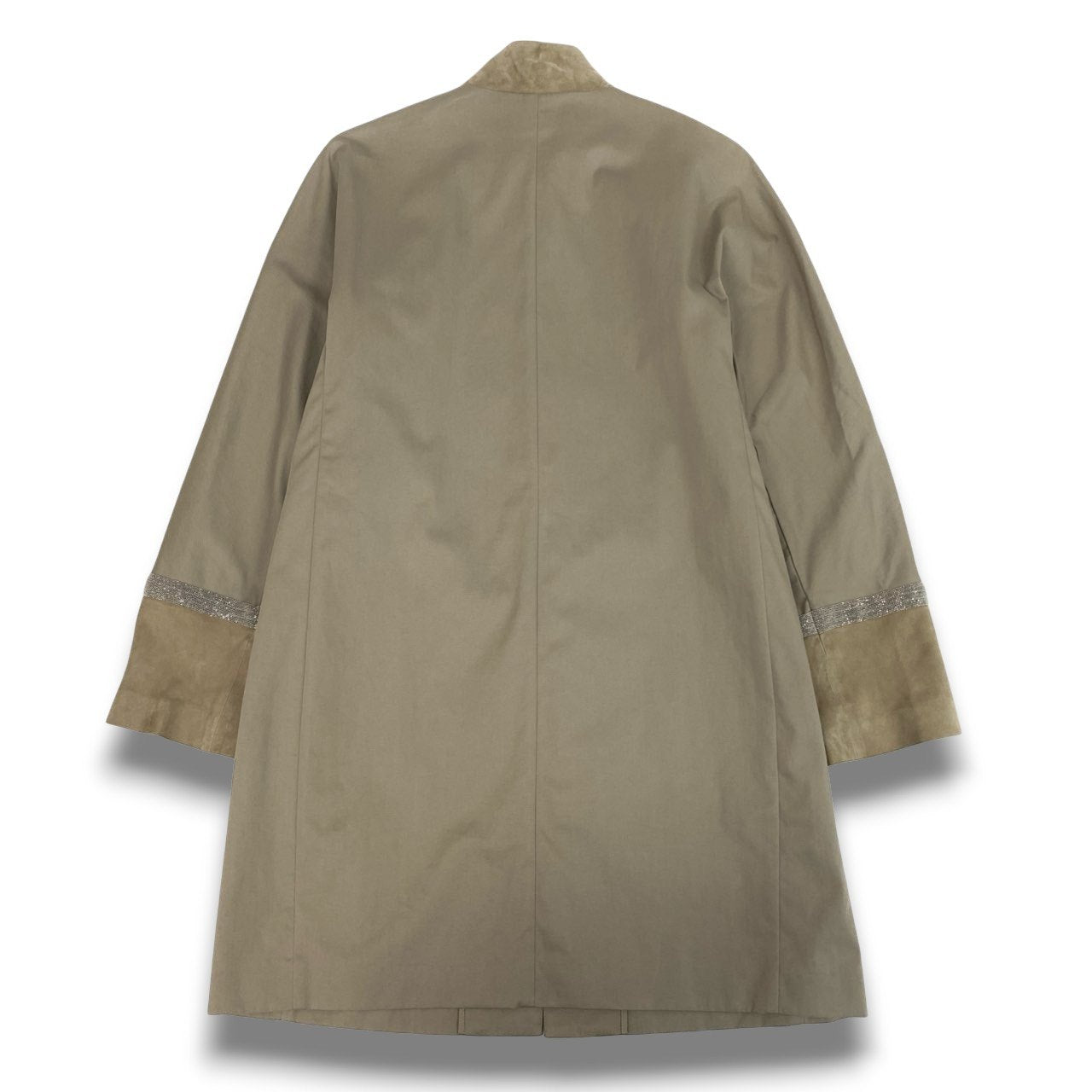 50b22 FABIANA FILIPPI ファビアナフィリッピ ステンカラーコート スプリングコート 薄手 ビーズ装飾 スエードレザー切替 レディース 女性服 XS ベージュu02t