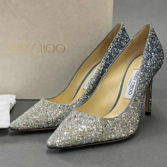 2a9 《極美品》 JIMMY CHOO ジミーチュウ ROMY 100 グラデーショングリッター ヒールパンプス 37 1/2 シルバー ダスクブルー イタリア製 シューズ セレモニー