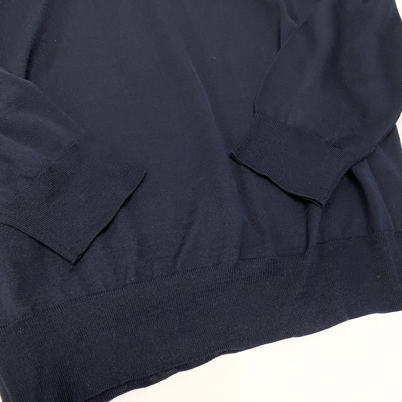 83c27 【新品保管品】PRADA プラダ ニットポロシャツ ロングスリーブニットセーター 襟取り外し可 44サイズ ネイビー ホワイト ウール100％ レディース 女性用u02t