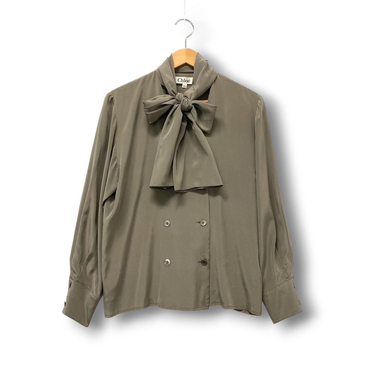 11c29 Chloe クロエ ボウタイ シルクブラウス ダブルブレスト シャツジャケット ロングスリーブ レディース 女性服 サイズ40 グレー 絹100％u02t