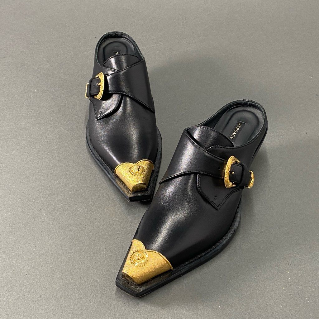 3i2 VERSACE ヴェルサーチ イタリア製 メデューサ ミュール レザースリッポンシューズ チャンキーヒール パンプス 37 ブラック ゴールド