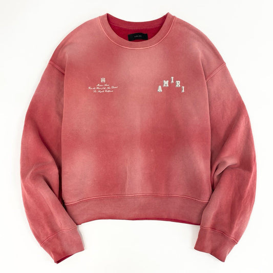67d21 AMIRI アミリ ロゴプリント クルーネック スエット トレーナー ヴィンテージ加工 スウェット バックプリント L レッド ピンク系 コットン