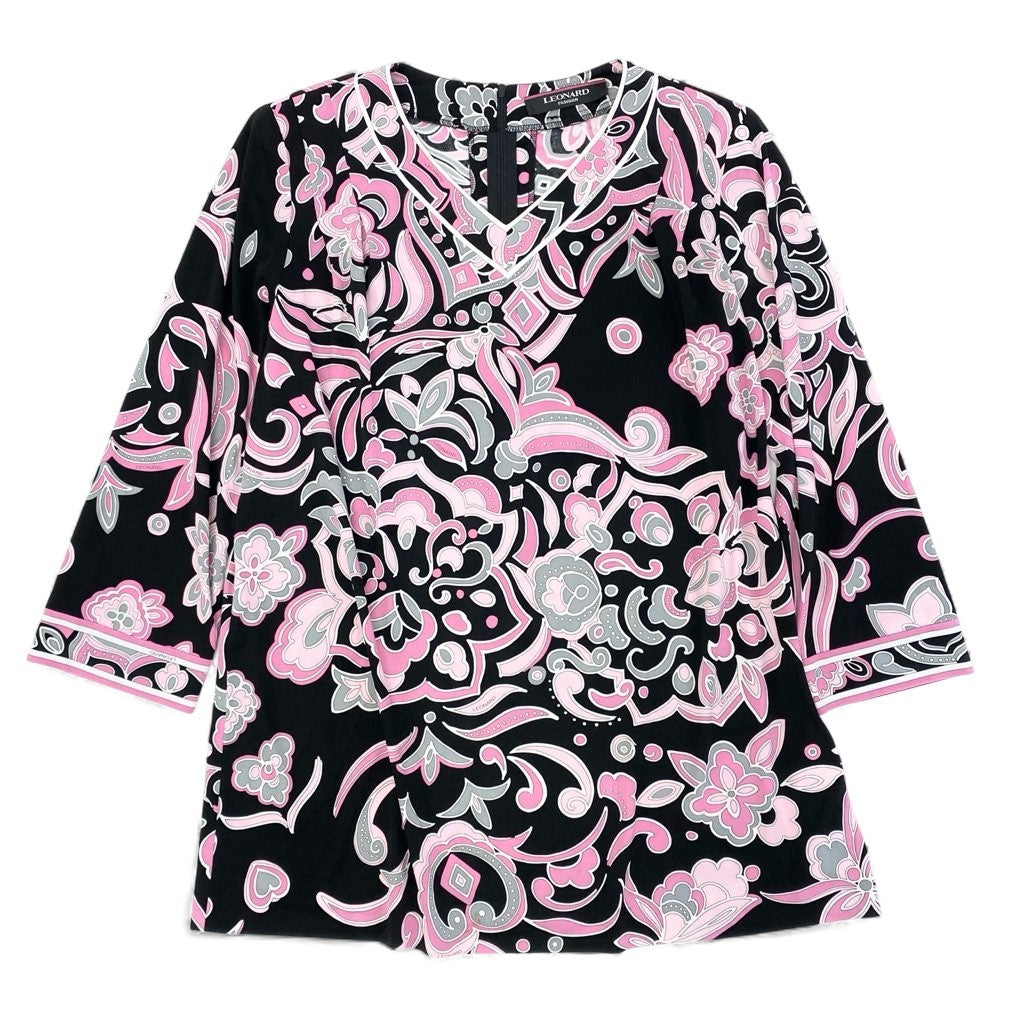59L15 LEONAD レオナール チュニック ロングスリーブカットソー Vネック カンカン素材 総柄 トップス 40サイズ ブラック ピンク レディースo07t