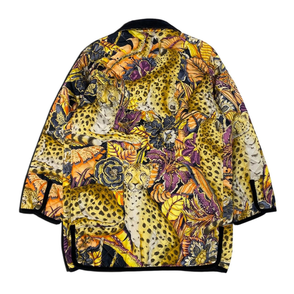 j29 Salvatore Ferragamo キルティングジャケット ヒョウ 花柄 ミドル丈 コーデュロイ襟 XSサイズ マルチカラー ポリエステル100％ レディース 女性用u02t