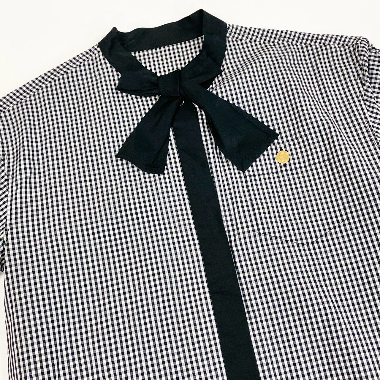 27a23 LOUIS VUITTON ルイヴィトン ゴールドボタン ギンガムチェック ボウタイブラウス 半袖ブラウス 実寸L相当 レディース トップスk02i