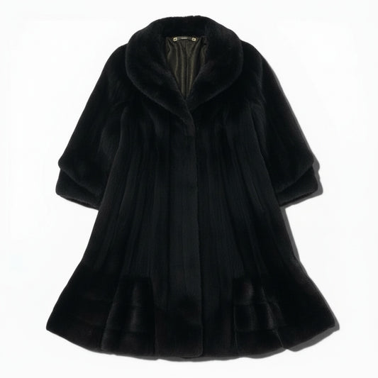 82a14 《希少》 NICO MODELL SAGA MINK サガミンク 金サガ マホガニーミンク ミンクコート デザインスリーブ 裾広がり フリル ダークブラウン ミンクファー 毛皮コートt18r