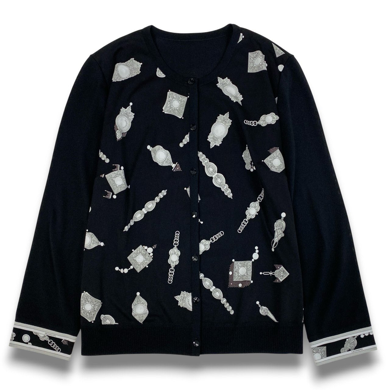 8b20 《美品》 LEONARD レオナール カンカン素材 切替 ニットカーディガン トップス 42 モノトーン レディースu02t