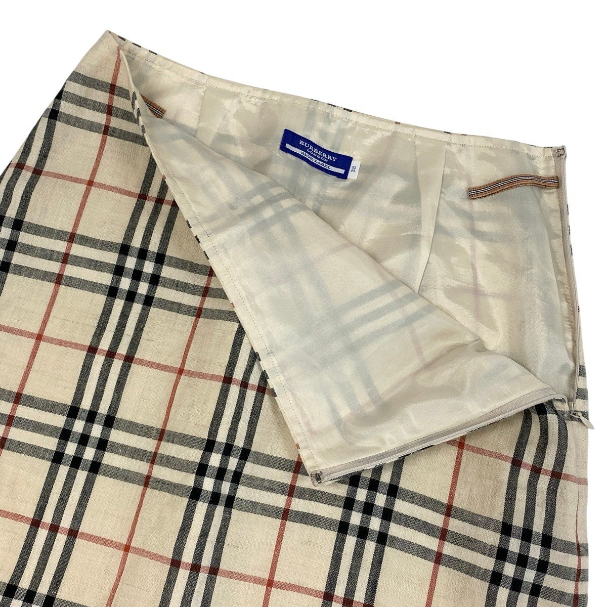 Ig19 BURBERRY LONDON BLUE LABEL バーバリーロンドン ブルーレーベル ノバチェック 裾フリル 膝丈スカート リネンブレンド サイズ38 ベージュ レディースo07t