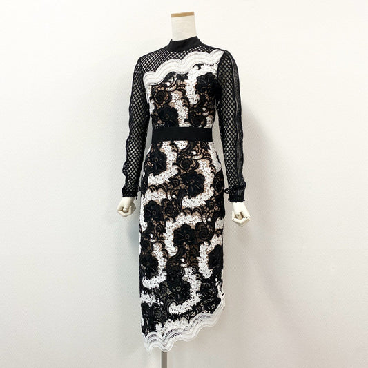 42h22《極美品》self-portrait セルフポートレイト 長袖ワンピース パーティー ドレス  フローラルレース メッシュ 6サイズ ブラック ホワイト レディース 女性用k02i