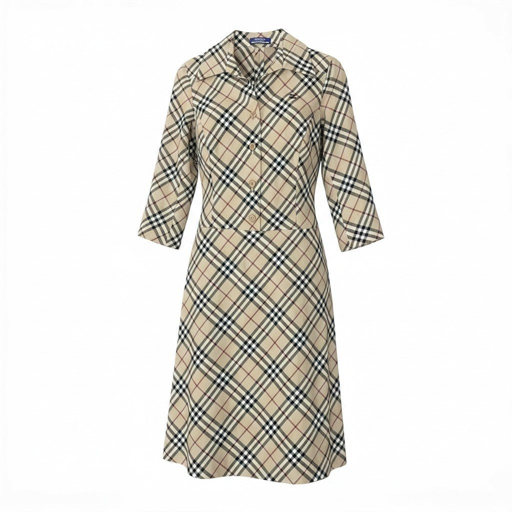 46e11 BURBERRY LONDON BLUE LABEL バーバリー ブルーレーベル ノバチェック オープンカラーシャツワンピース 七分袖 ストレッチ素材 サイズ38 ベージュ レディース 女性服o07t