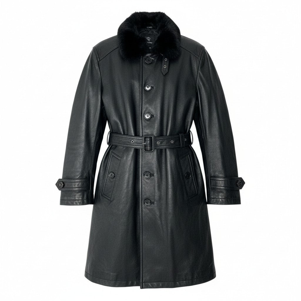 79a14 BURBERRY BLACK LABEL バーバリーブラックレーベル レザーコート ベルテッドコート 中綿キルティング ラビットファー襟 LL ブラック メンズu02t