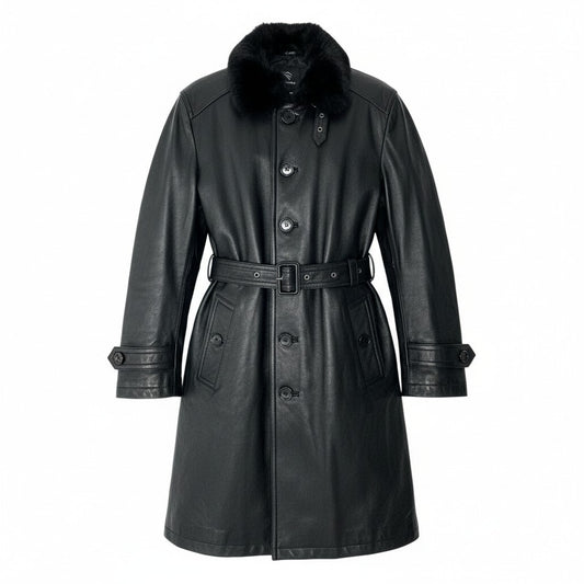 79a14 BURBERRY BLACK LABEL バーバリーブラックレーベル レザーコート ベルテッドコート 中綿キルティング ラビットファー襟 LL ブラック メンズu02t