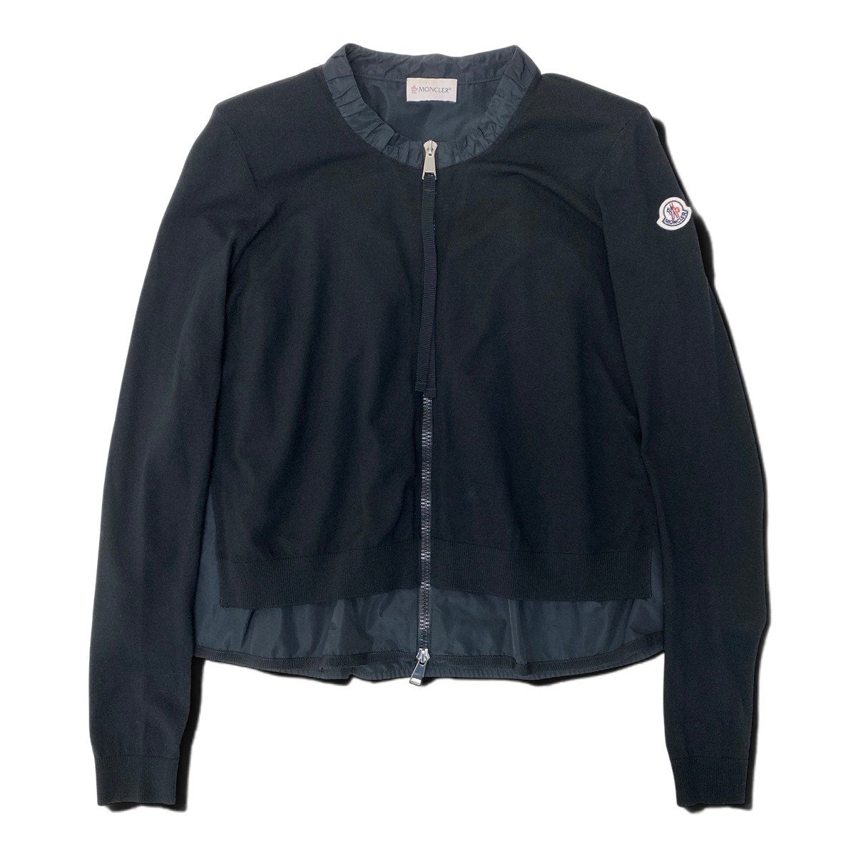44f18 MONCLER モンクレール MAGLIA TRICOT CARDIGAN ニットカーディガン ペプラム ジップアップ 切替 XS ブラック レディース 女性用t18r