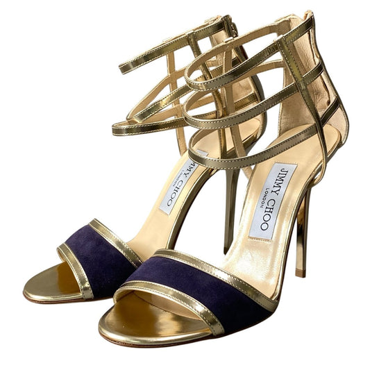 2d20 《極美品》 JIMMY CHOO ジミーチュウ パテント メタリックヒールサンダル サイズ36 ゴールド スエード切替 シューズ 箱 保存袋有t18r