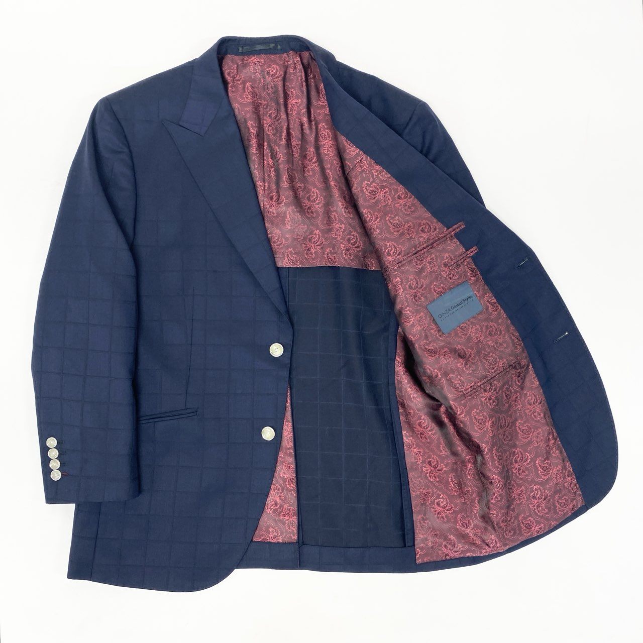 19k27 GINZA Global Style 銀座グローバルスタイル SCABAL スキャバル生地使用○ セットアップスーツ シングル 2B チェック柄 裏地ペイズリー柄  ネイビー ウール100％u02t