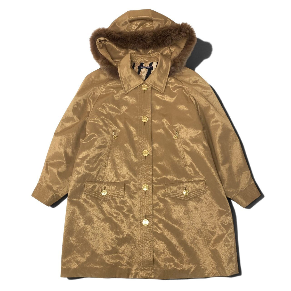 19i26 【美品】 LEONARD レオナール ロングコート 金ボタン ブルーフォックス ファーコート 中綿 光沢◎ 0348731 9AR ブラウン系 レディース 女性用u02t